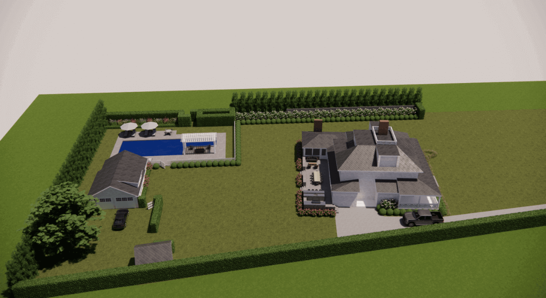 Aerial view of a residential property with a house, driveway, pool area with patio and umbrellas, separate building, and fenced green lawn.